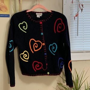 Vintage Hand Knitted Multi Color Heart Cardigan